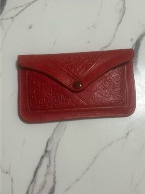 Moroccan handmade leather wallet, red 5”h x 8”w